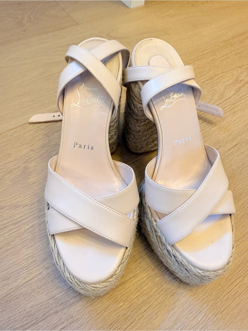 Christian Louboutin Blush Pink Leather Espadrille Wedge Sandals
